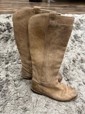 Frye Paige Tall Leather Riding Boots Gray Tan Sz 6.5 Distressed Boho Western